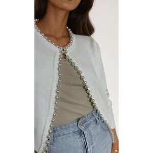 LF LESLIE FAY,Cardigan Vintage,Women's L,with Pearl  Trim White, Rayón, Nylon...